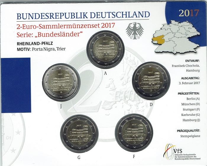 (afbeelding voor) 2 Euromunt Duitsland 5x 2017 Rheinland Pfalz BU A-D-F-G-J